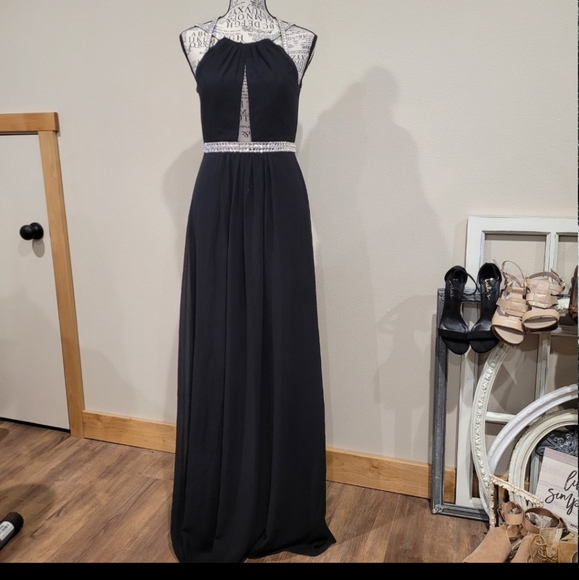 Formal Gown event Dress Women Size Sm. BLACK rhinestone halter straps by MINUET - Picture 1 of 12